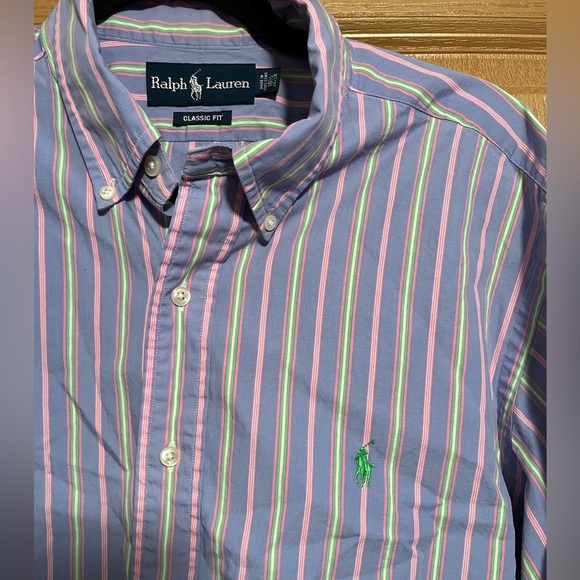 Ralph Lauren Classic Fit Purple Green Pink Stripe Button Down Size 16.5 - Picture 7 of 11